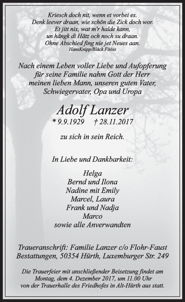  Traueranzeige für Adolf Lanzer vom 02.12.2017 aus  Sonntags-Post 