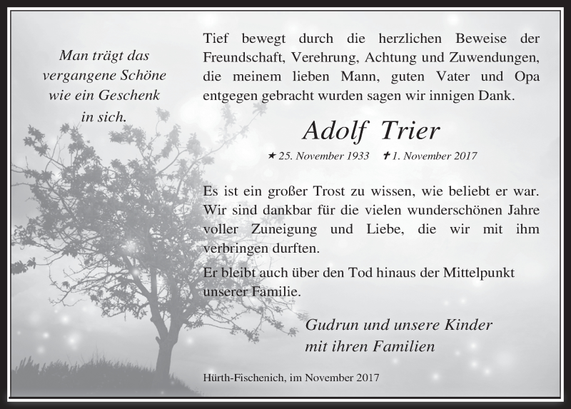  Traueranzeige für Adolf Trier vom 13.12.2017 aus  Wochenende 