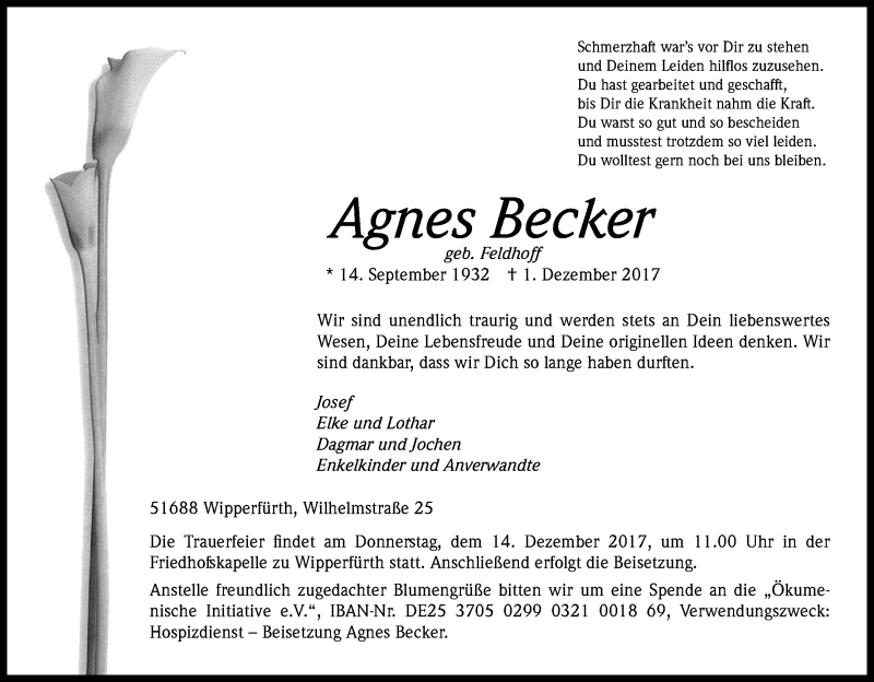  Traueranzeige für Agnes Becker vom 09.12.2017 aus Kölner Stadt-Anzeiger / Kölnische Rundschau / Express