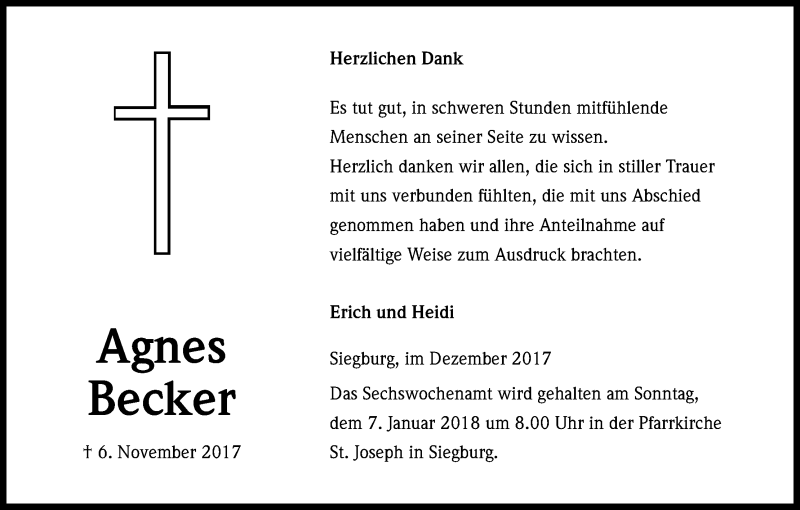 Traueranzeige für Agnes Becker vom 16.12.2017 aus Kölner Stadt-Anzeiger / Kölnische Rundschau / Express