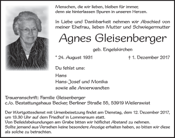 Anzeige von Agnes Gleisenberger von  Blickpunkt Euskirchen 