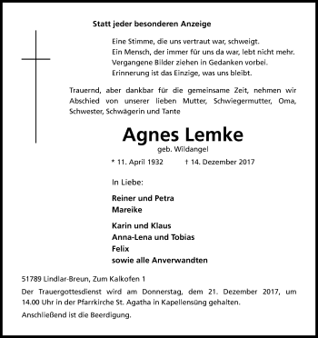 Anzeige von Agnes Lemke von Kölner Stadt-Anzeiger / Kölnische Rundschau / Express
