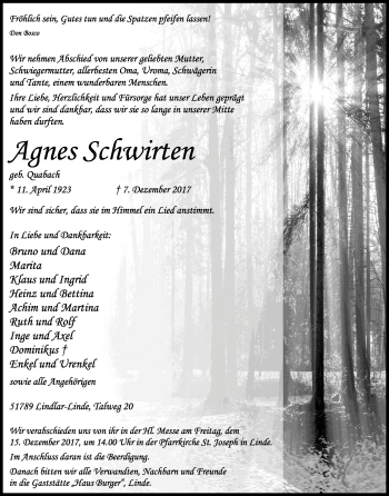 Anzeige von Agnes Schwirten von Kölner Stadt-Anzeiger / Kölnische Rundschau / Express