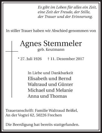 Anzeige von Agnes Stemmeler von  Sonntags-Post 