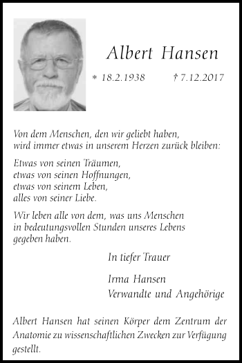Anzeige von Albert Hansen von Kölner Stadt-Anzeiger / Kölnische Rundschau / Express