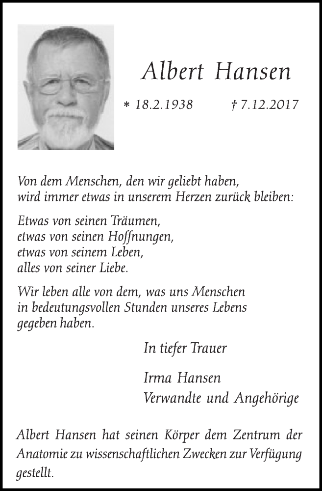  Traueranzeige für Albert Hansen vom 20.12.2017 aus  Kölner Wochenspiegel 