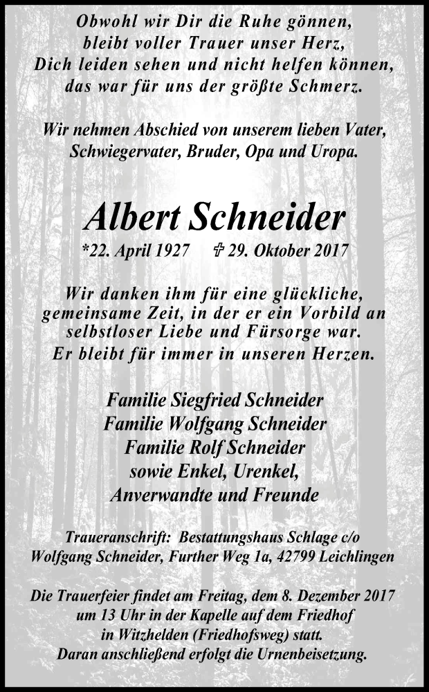  Traueranzeige für Albert Schneider vom 02.12.2017 aus Kölner Stadt-Anzeiger / Kölnische Rundschau / Express