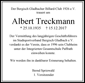 Anzeige von Albert Treckmann von  Bergisches Handelsblatt 