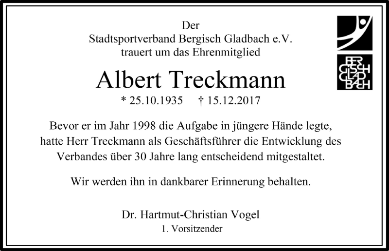 Traueranzeige für Albert Treckmann vom 20.12.2017 aus  Bergisches Handelsblatt 