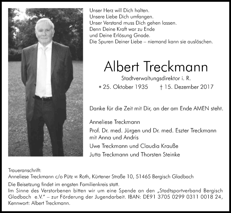  Traueranzeige für Albert Treckmann vom 23.12.2017 aus Kölner Stadt-Anzeiger / Kölnische Rundschau / Express