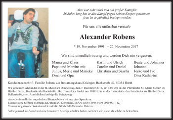 Anzeige von Alexander Robens von  Wochenende 
