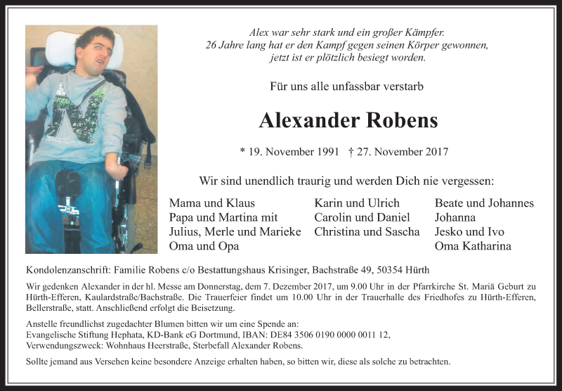  Traueranzeige für Alexander Robens vom 06.12.2017 aus  Wochenende 
