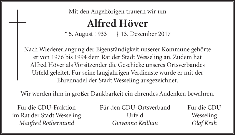  Traueranzeige für Alfred Höver vom 28.12.2017 aus  Schlossbote/Werbekurier 