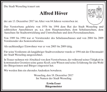 Anzeige von Alfred Höver von  Schlossbote/Werbekurier 