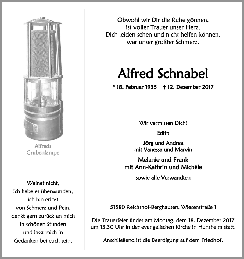  Traueranzeige für Alfred Schnabel vom 15.12.2017 aus Kölner Stadt-Anzeiger / Kölnische Rundschau / Express
