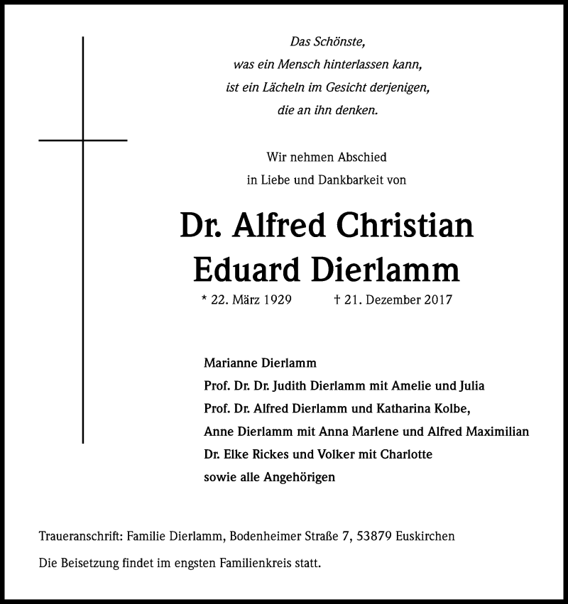  Traueranzeige für Alfred Christian Dierlamm vom 30.12.2017 aus Kölner Stadt-Anzeiger / Kölnische Rundschau / Express