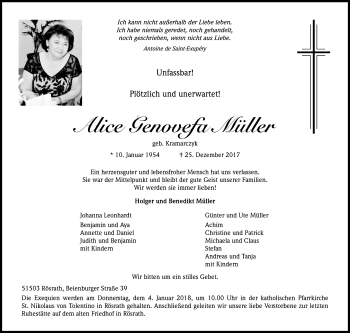 Anzeige von Alice Genovefa Müller von Kölner Stadt-Anzeiger / Kölnische Rundschau / Express