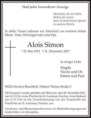 Anzeige von Alois Simon von  Sonntags-Post 