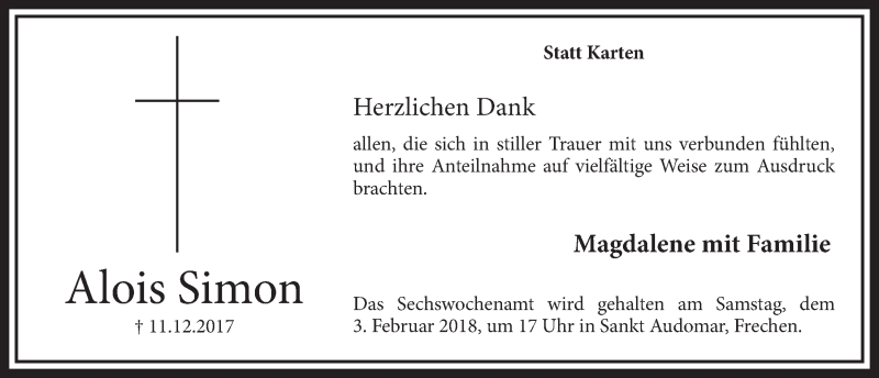  Traueranzeige für Alois Simon vom 30.12.2017 aus  Sonntags-Post 
