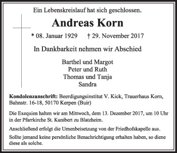 Anzeige von Andreas Korn von  Sonntags-Post 