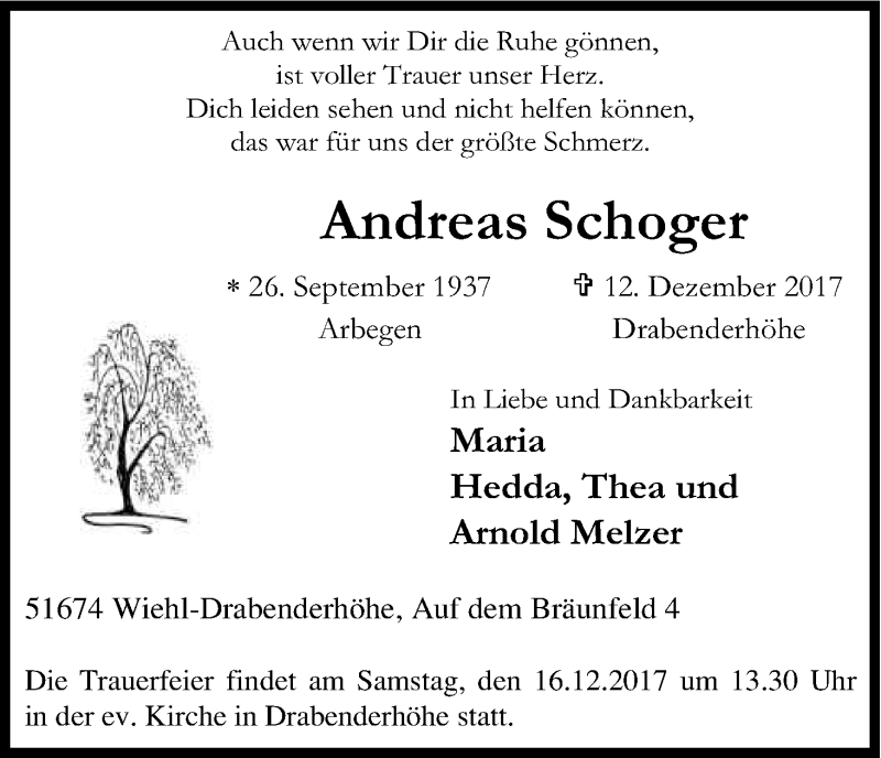  Traueranzeige für Andreas Schoger vom 15.12.2017 aus Kölner Stadt-Anzeiger / Kölnische Rundschau / Express