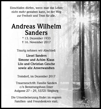 Anzeige von Andreas Wilhelm Sanders von Kölner Stadt-Anzeiger / Kölnische Rundschau / Express