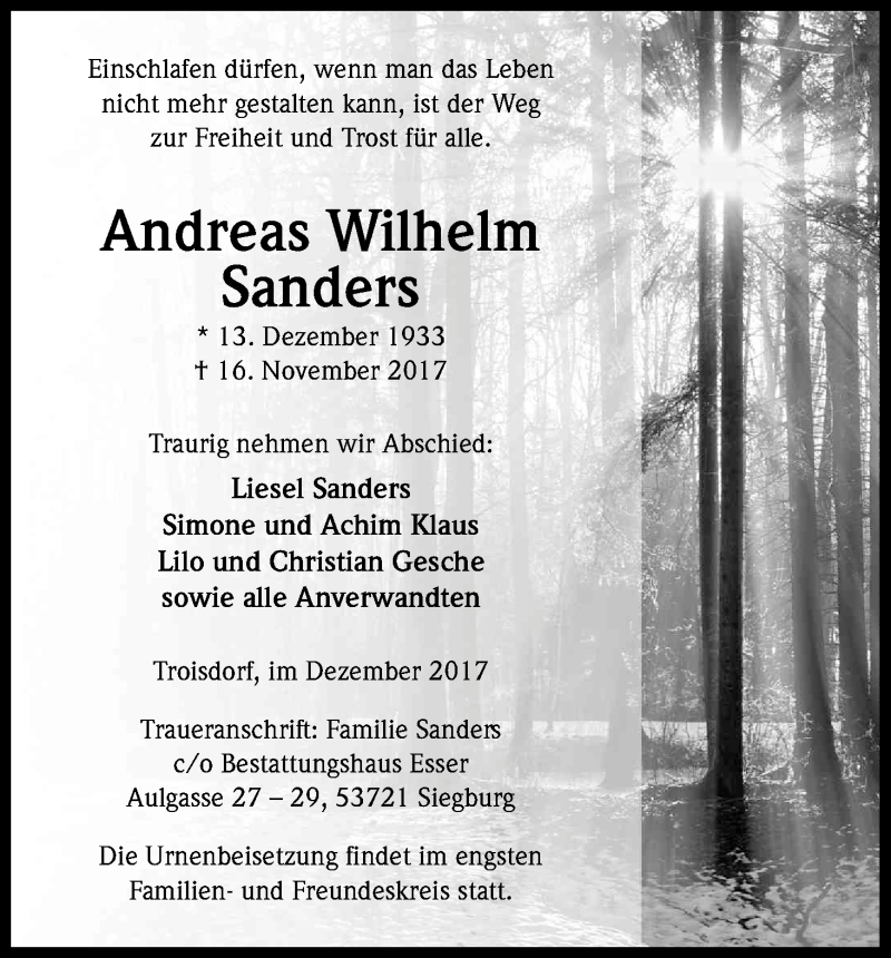  Traueranzeige für Andreas Wilhelm Sanders vom 09.12.2017 aus Kölner Stadt-Anzeiger / Kölnische Rundschau / Express