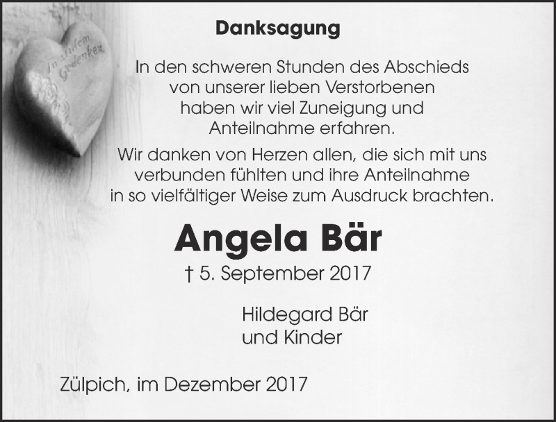  Traueranzeige für Angela Bär vom 02.12.2017 aus  Blickpunkt Euskirchen 
