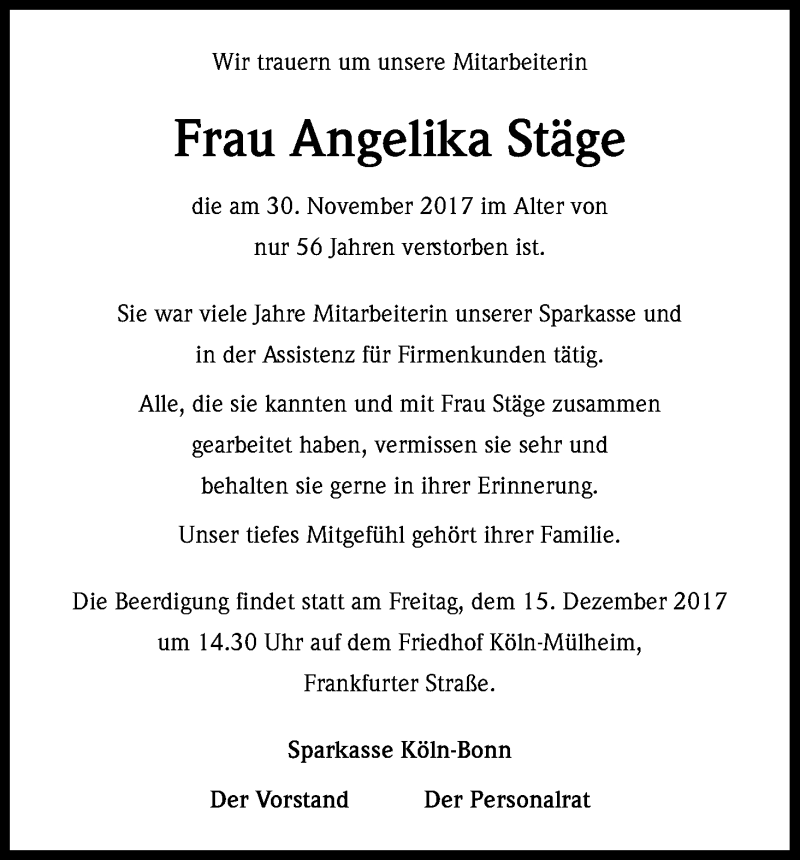  Traueranzeige für Angelika Stäge vom 09.12.2017 aus Kölner Stadt-Anzeiger / Kölnische Rundschau / Express