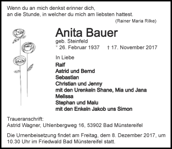 Anzeige von Anita Bauer von  Blickpunkt Euskirchen 
