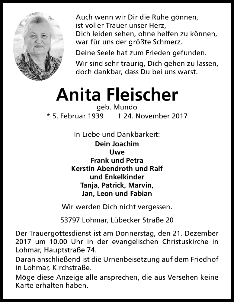  Traueranzeige für Anita Fleischer vom 16.12.2017 aus Kölner Stadt-Anzeiger / Kölnische Rundschau / Express