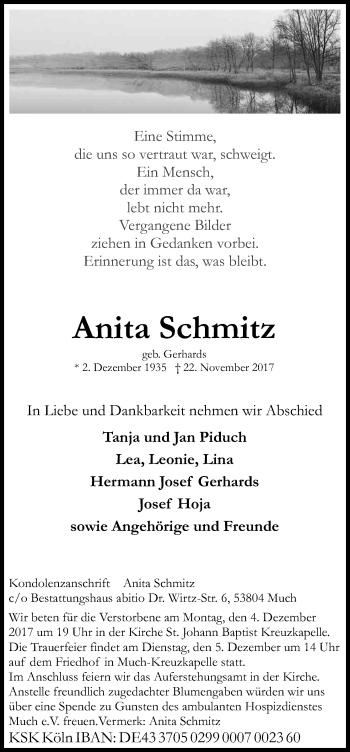 Anzeige von Anita Schmitz von Kölner Stadt-Anzeiger / Kölnische Rundschau / Express