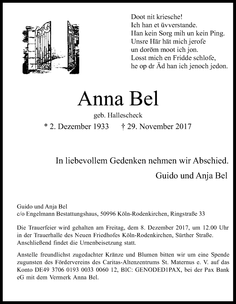  Traueranzeige für Anna Bel vom 02.12.2017 aus Kölner Stadt-Anzeiger / Kölnische Rundschau / Express