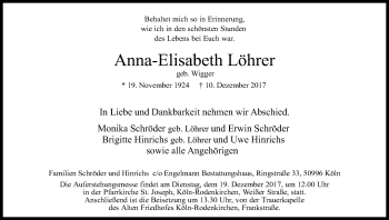 Anzeige von Anna-Elisabeth Löhrer von Kölner Stadt-Anzeiger / Kölnische Rundschau / Express