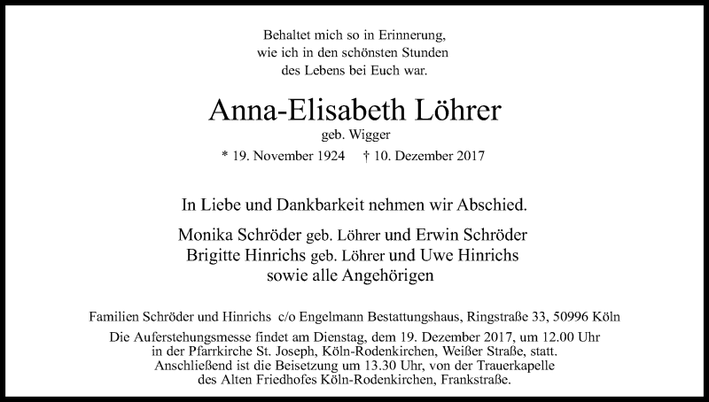  Traueranzeige für Anna-Elisabeth Löhrer vom 16.12.2017 aus Kölner Stadt-Anzeiger / Kölnische Rundschau / Express