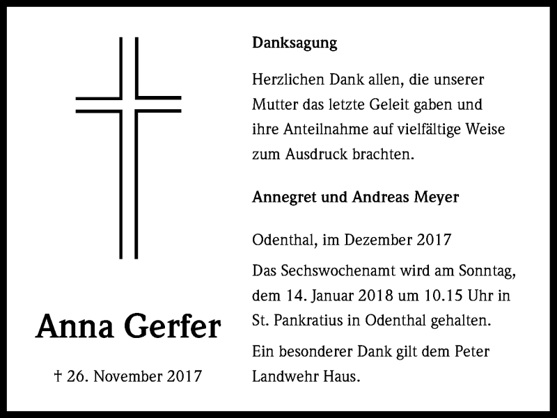  Traueranzeige für Anna Gerfer vom 12.12.2017 aus Kölner Stadt-Anzeiger / Kölnische Rundschau / Express