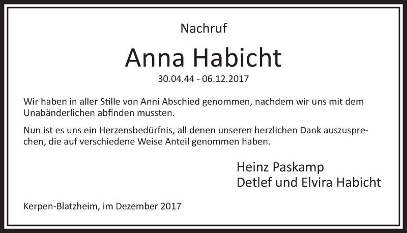  Traueranzeige für Anna Habicht vom 30.12.2017 aus  Sonntags-Post 