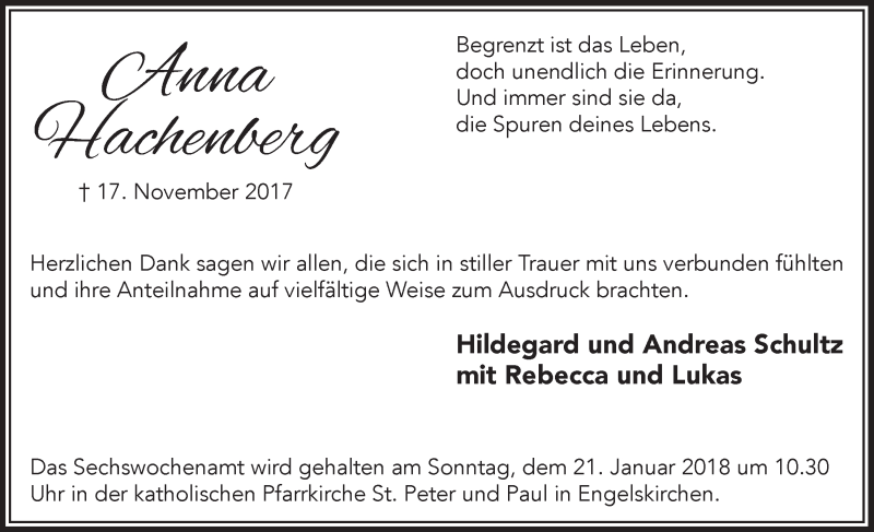  Traueranzeige für Anna Hachenberg vom 20.12.2017 aus  Anzeigen Echo 