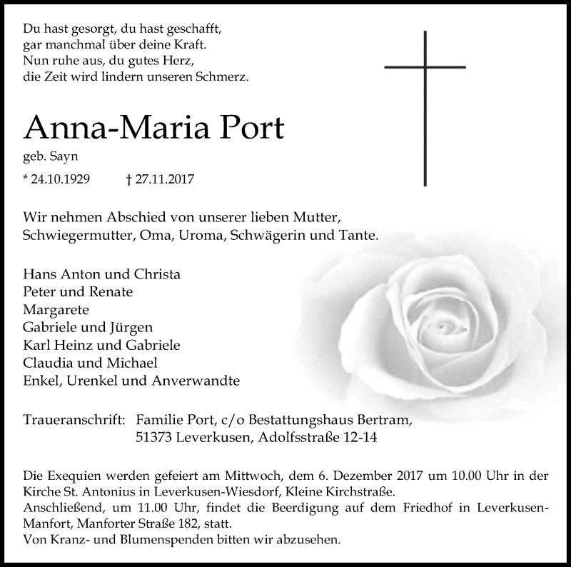  Traueranzeige für Anna-Maria Port vom 02.12.2017 aus Kölner Stadt-Anzeiger / Kölnische Rundschau / Express