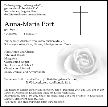 Anzeige von Anna-Maria Port von Kölner Stadt-Anzeiger / Kölnische Rundschau / Express
