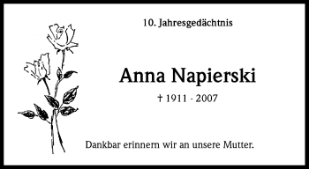 Anzeige von Anna Napierski von Kölner Stadt-Anzeiger / Kölnische Rundschau / Express