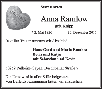 Anzeige von Anna Ramlow von  Sonntags-Post 