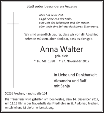 Anzeige von Anna Walter von  Sonntags-Post 