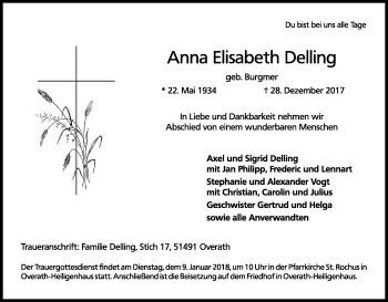 Anzeige von Anna Elisabeth Delling von Kölner Stadt-Anzeiger / Kölnische Rundschau / Express