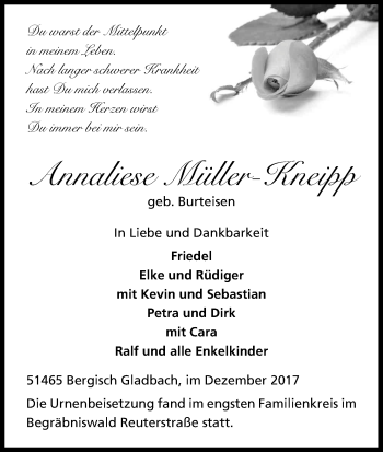 Anzeige von Annaliese Müller-Kneipp von Kölner Stadt-Anzeiger / Kölnische Rundschau / Express