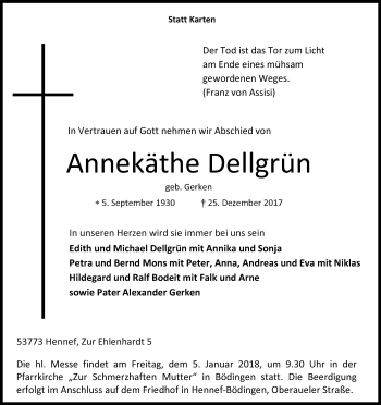 Anzeige von Annekäthe Dellgrün von Kölner Stadt-Anzeiger / Kölnische Rundschau / Express