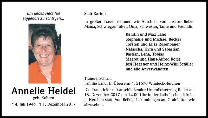  Traueranzeige für Annelie Heidel vom 13.12.2017 aus Kölner Stadt-Anzeiger / Kölnische Rundschau / Express