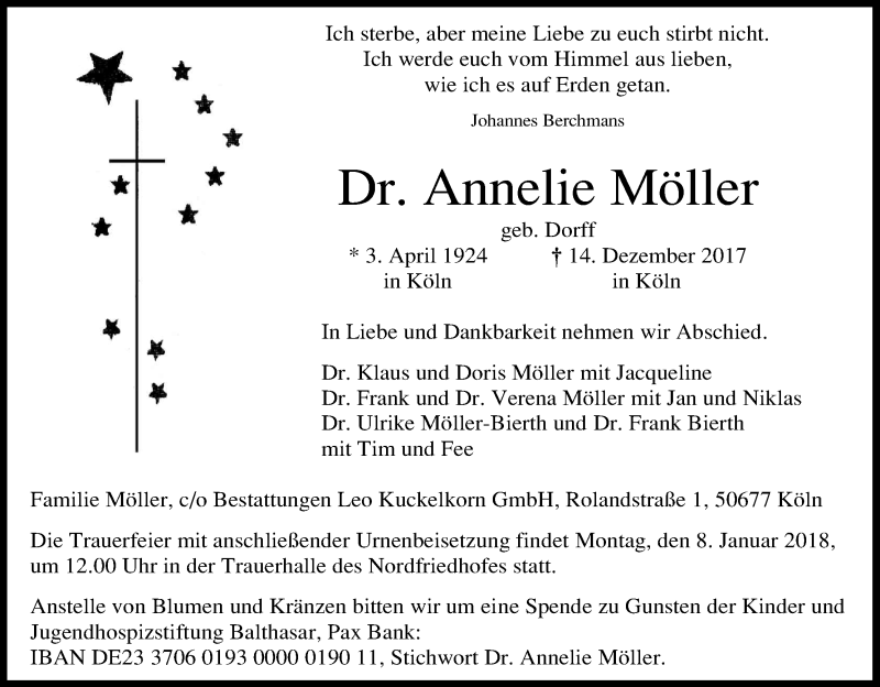  Traueranzeige für Annelie Möller vom 23.12.2017 aus Kölner Stadt-Anzeiger / Kölnische Rundschau / Express