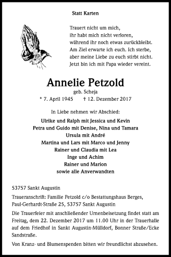 Anzeige von Annelie Petzold von Kölner Stadt-Anzeiger / Kölnische Rundschau / Express