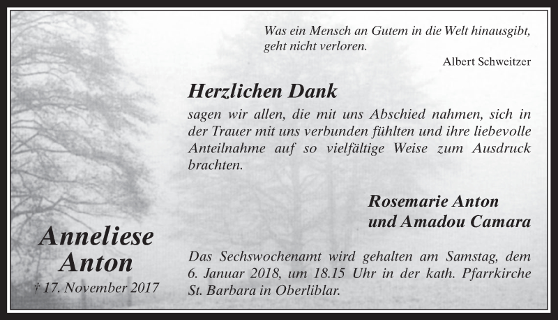  Traueranzeige für Anneliese Anton vom 28.12.2017 aus  Werbepost 